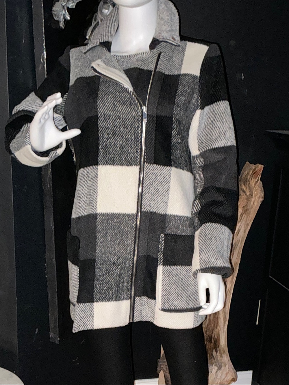 Black & White Plaid Zip-Front Pea Coat